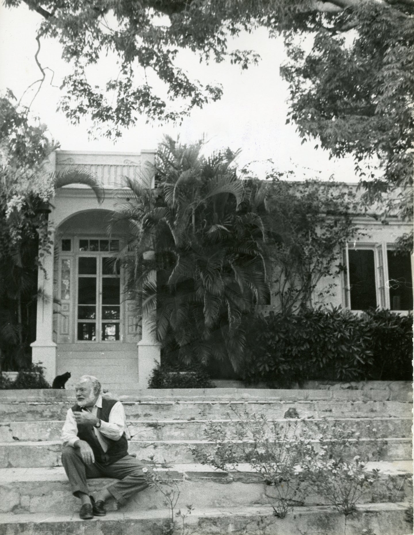 Ernest Hemingway auf den Stufen vor seinem Haus in Kuba (La Finca Vigia), San Francisco de Paula, 1954 | Foto: Tore Johnson (1928–1980, SE) | OstLicht Vintage Photo Sale